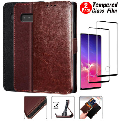 For Samsung Galaxy S10 Plus/S10/S10E Leather Wallet Case Cover Tempered  Glass