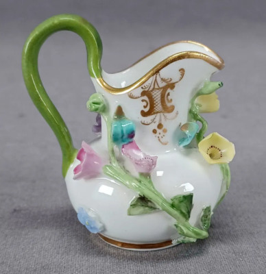 British Coalbrookdale Style Hand Painted Floral Encrusted Gold Miniature Creamer
