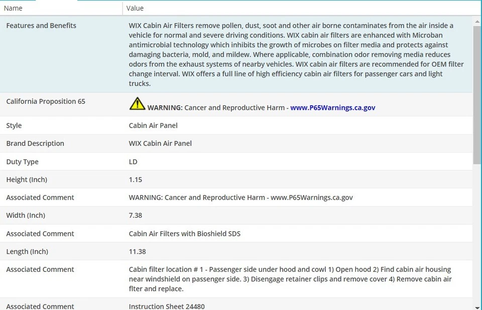 WIX Cabin Air Filter For CHEVROLET CORVETTE 2008-2018 V8-6.2L - Image 3 of 4