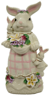 Musical 12'' Porcelain Mrs Easter Bunny Figurine Plays Here Comes Peter Cottontai
