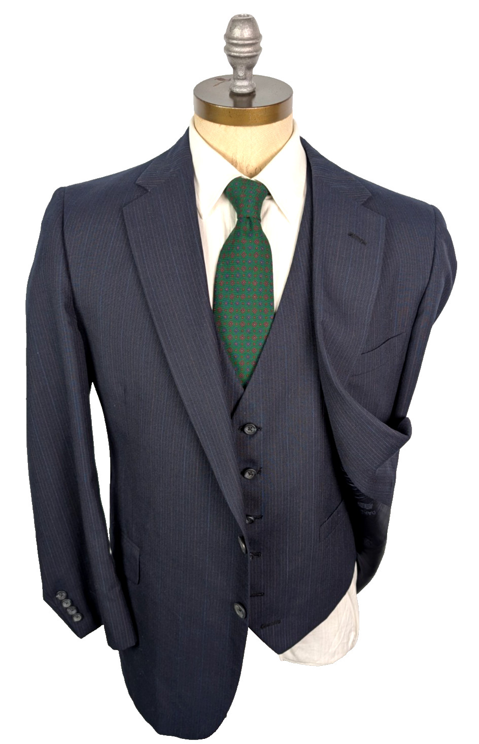 DAKS Vtg 3 Piece Suit Sz 44R Navy Blue Stripe Dual Vent Jacket Flat Front Pants
