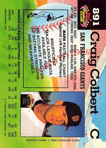 Craig Colbert 1992 Stadium Club 891a San Francisco Giants Rookie BASEBALL Card - Picture 2 of 2