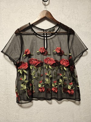 FOREVER 21 Plus 1X Womens Sheer Top Black Floral Mesh Romantic Embroidered  EUC - Main Image