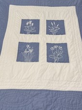 Vintage 1994 Cornflower Blue And White Embroidered Floral Quilt 48x56 Cottage