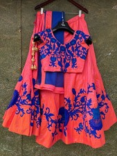 Women  s Indian lehenga with multi shade pink-cream with blue thread work