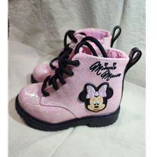 Disney Minnie Mouse Pink Glitter Girls Boots Lace Up Side Zip Size 6