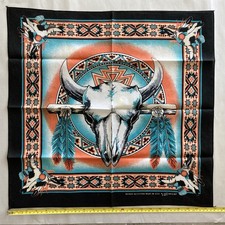 Vtg USA RN 15187 Southwest Bandana Handkerchief Scarf Cow Skull Feathers 21" Sq.