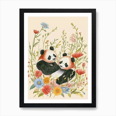 Folksy Floral Tier Zeichnung Panda gerahmtes Wandbild Poster Leinwanddruck Bild