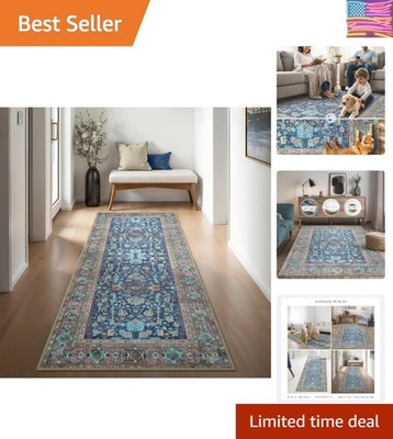 Navy Blue Oushak Long Hallway Runner Rug 2'5x12' - Boho Washable Non-Slip Run...
