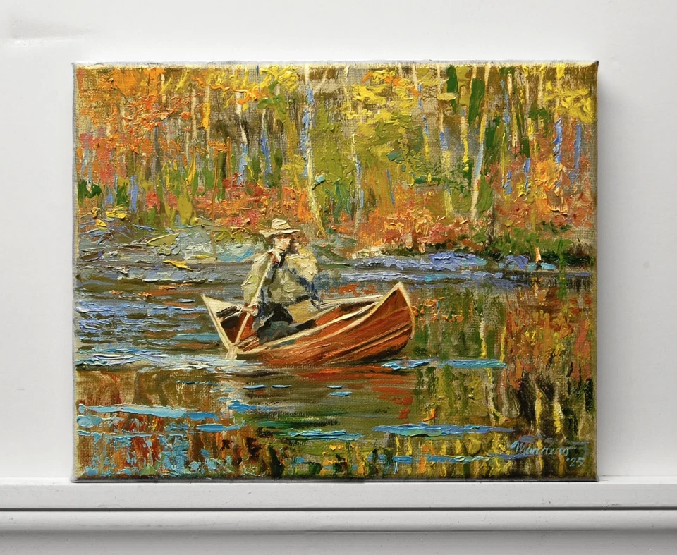 Hand Painted Oil Painting Landscape Man On Canoe Fall 8x10" stretched canvas COA - Image 3 of 4