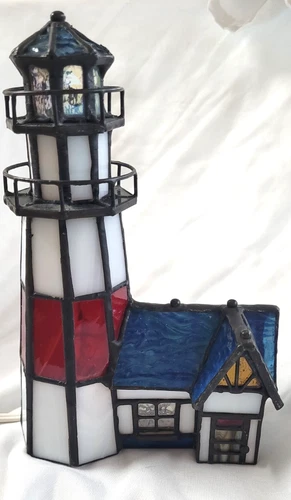 Stained Glass Lighthouse Accent Table Lamp Night Light Tiffany Style 7.5" Vtg