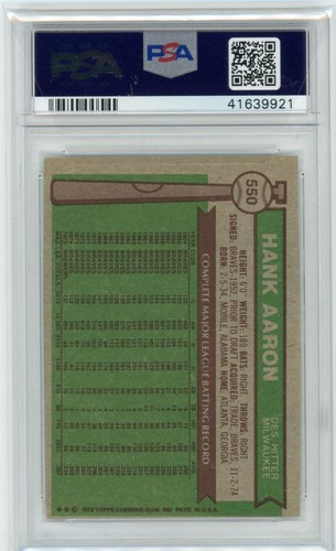 1976 Topps Hank Aaron PSA 8 MC #550 Near Mint Hank Aaron's Last Card HOF - Picture 2 of 2
