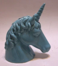 CERAMIC UNICORN BANK TURQUOISE AQUA BLUE HORN 3D MANE HEAD 7.5" x 8" CIRCA 2012