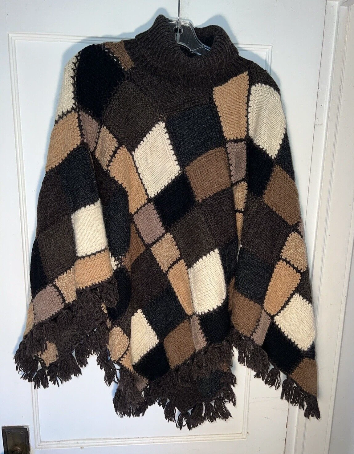 Lauren Ralph Lauren Hand Knit Granny Patchwork High Neck Poncho Sweater OS d417