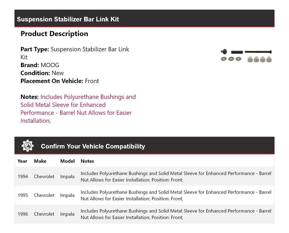 Para 1994-1996 Chevrolet Impala estabilizador de suspensão barra link kit dianteiro MOOG - Imagem 2 de 4