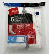 NEW!!! Hanes White Double Tough Cushioned Crew Socks - Wicking FreshIQ Odor 6-12