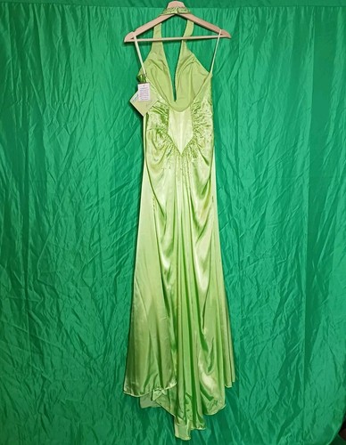 Women's Lime Green Halter Embroidered Satin Maxi Dress Formal Prom Wedding - Picture 12 of 21