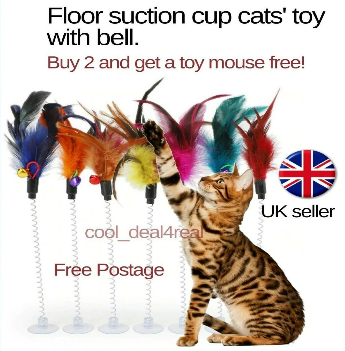 Cat Pet Toys Feathers Floor Suction cup Bell Teaser Buy 2 Get 1 toy Mouse  FREE