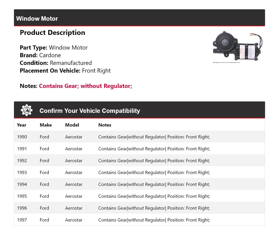 For 1990-1997 Ford Aerostar Window Motor Front Right Cardone 1991 1992 1993 1994 - Image 2 of 4