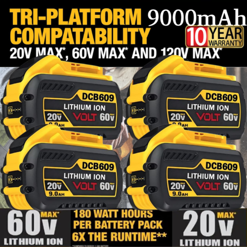 4PACK Replacement For DEWALT DCB609 20V 60V MAX 9.0Ah Lithium-ion Battery