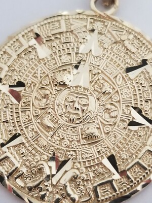 14k Solid Real Yellow Gold Diamond Cut Mexican Aztec Calendar Sun Mayan Pendant