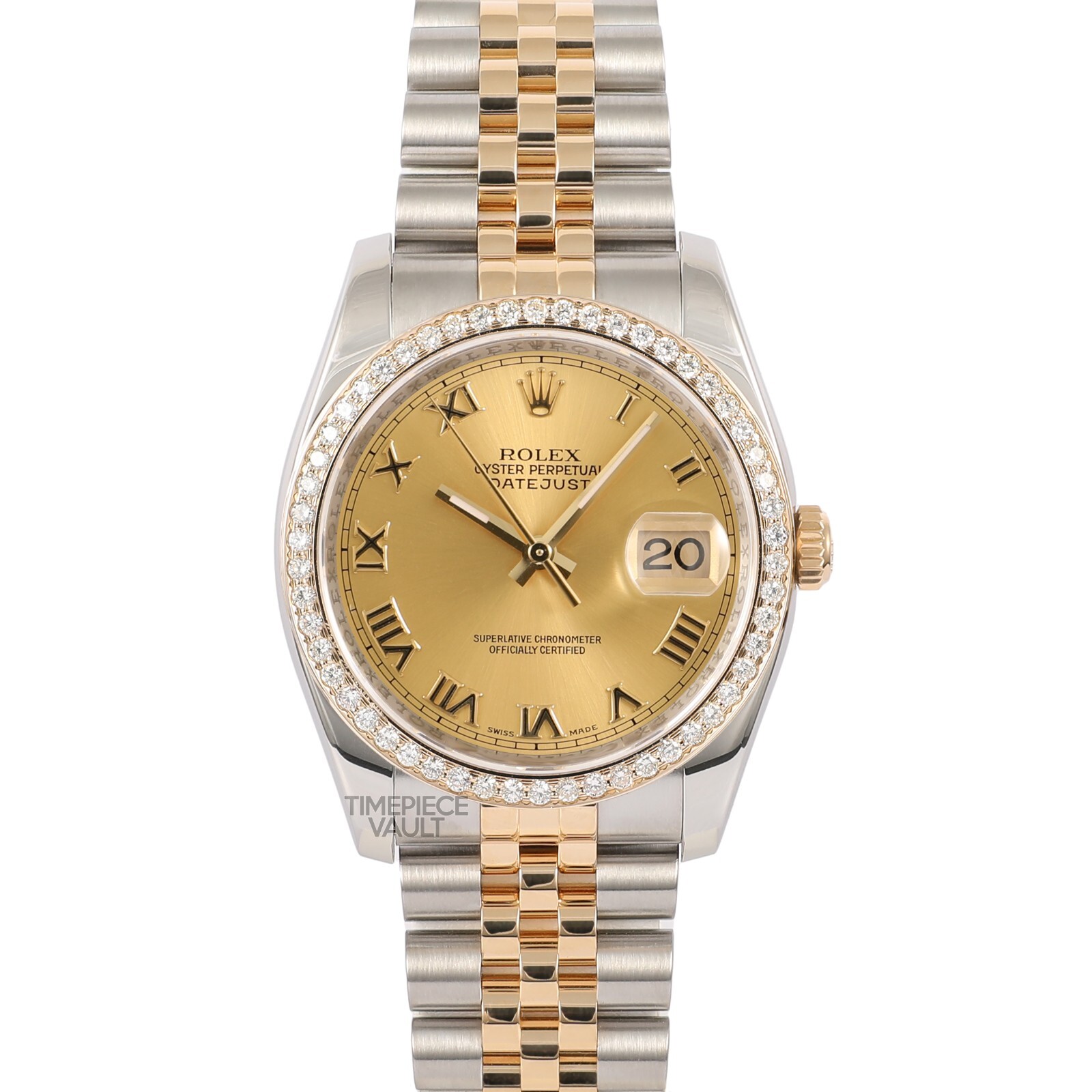 ROLEX DATEJUST 116233 GOLD & STEEL 36MM CHAMPAGNE ROMAN DIAL 18K DIAMOND BEZEL