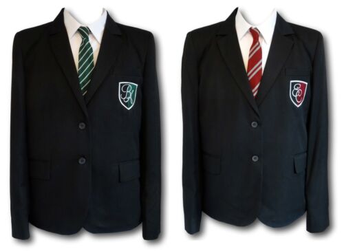 Girls Black Polyester Tailored School Blazer With Green Or Maroon Badge 28"-46" - Zdjęcie 1 z 11