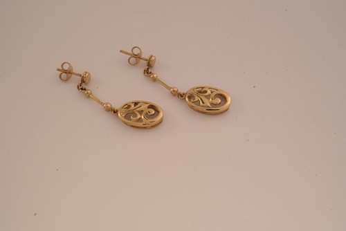 9ct Yellow Gold Drop Oval Open Lattice Earrings - All Gold - Picture 3 of 6