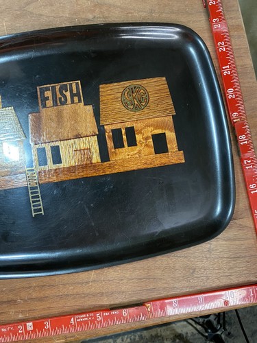 Vintage Couroc of Monterey schwarz intarsiert Fisch Kai Köder Ausrüstung Docks 12" Tablett - Bild 4 von 10