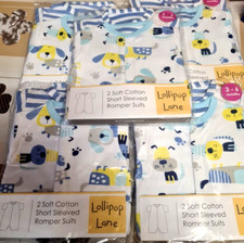 LOLLIPOP LANE 3-6 Months BLUE BABY BOY SHORT SLEEVED ROMPER SUITS 2 SOFT COTTON