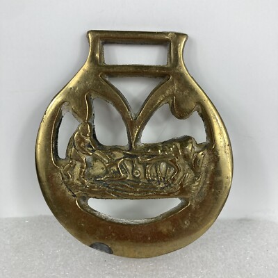 VTG Brass Horse Medallion Farmer Donkey Plow Draft Team Bridle Harness Ornament