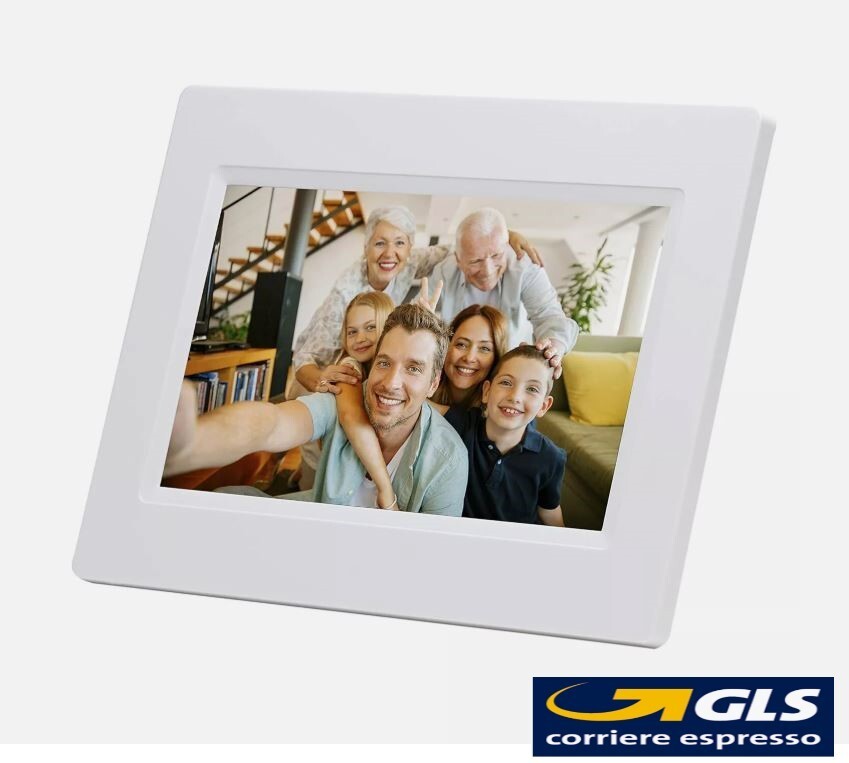 Cornice smart Wi-Fi bianca, cornice digitale touchscreen con app, schermo IPS 7"