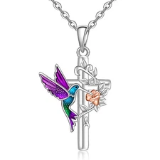 Hummingbird Pendant Necklace Women Sterling Silver Blue Purple Flowers Memori...