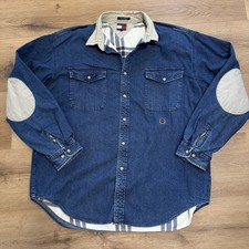 Vintage 1990s Tommy Hilfiger Crest Flannel Plaid Lining Denim Shirt Jacket XL
