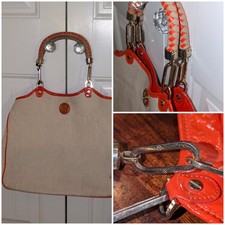 Vintage Tory Burch Large Canvas Tote Shopper Orange Patent Leather Trim Medallio