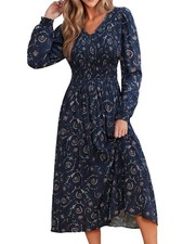CUPSHE Women's Navy Blue Fall Dresses Floral Casual Long Sleeve V Neck S