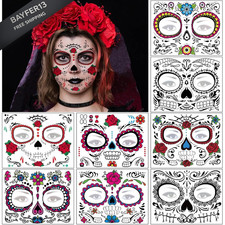 8 Sheets Day of the Dead Face Tattoos -Halloween Temporary Tattoo Multicolor