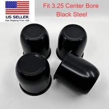 Set Of 4 Closed End Black Steel Push Thru Center Caps 3.25 Bore For Trailer Rim