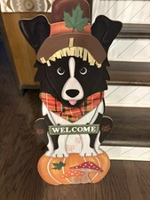 Wooden Fall Autumn Border Collie Dog and Pumpkin Welcome Hanging Sign