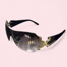 Women's Sunglasses Black oversized shield bland and gold with rhinestones y2k