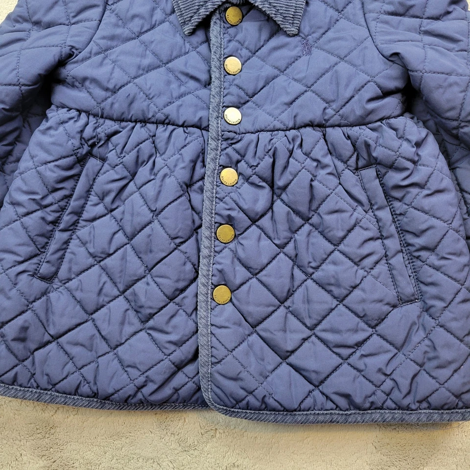 Ralph Lauren 绗缝夹克女孩 4/4T 蓝色卡扣灯芯绒领口袋 — 第 4/4 张图片