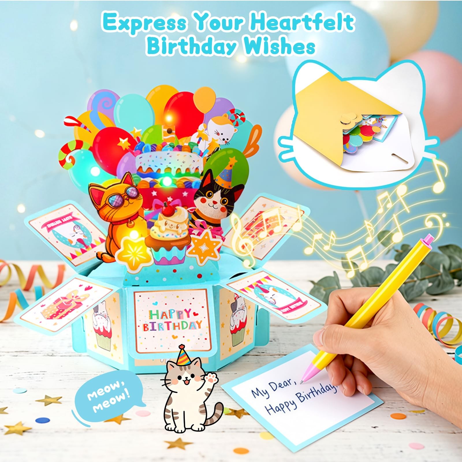 Carte pop-up chat 3D musicale interactive dotée de capteurs lumineux automatiques
