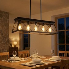 32'' Pendant 5 Light Farmhouse Rustic Chandelier Living Room Fixture Metal Black