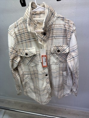 Thread & Supply Crop Fleece Shirt Jacket in Cream Taupe plaid Size S