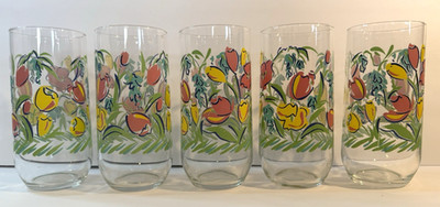 Vtg 5 Luminarc France Spring Blossom Floral Tulip Tumblers Drinking Glasses 16oz