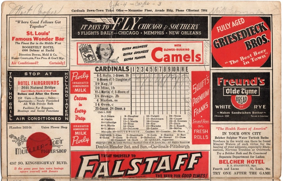 1940 Cardinals Signed Scorecards Pepper Martin Billy Southworth Mort Cooper JSA - Image 4 of 4