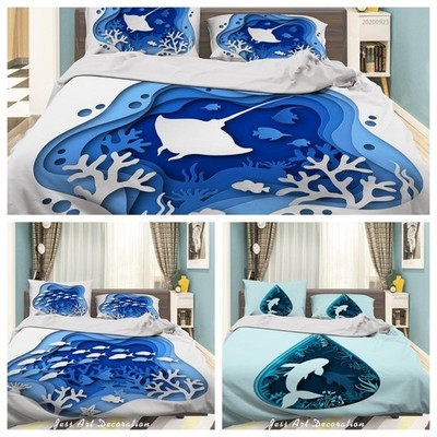 3D Cartoon Paper Fish Coral Blue Quilt Cover Duvet Cover Comforter set