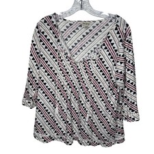 Lucky Brand 1X Geometric Print Boho Tassel V Neck 3/4 Sleeve Top Women