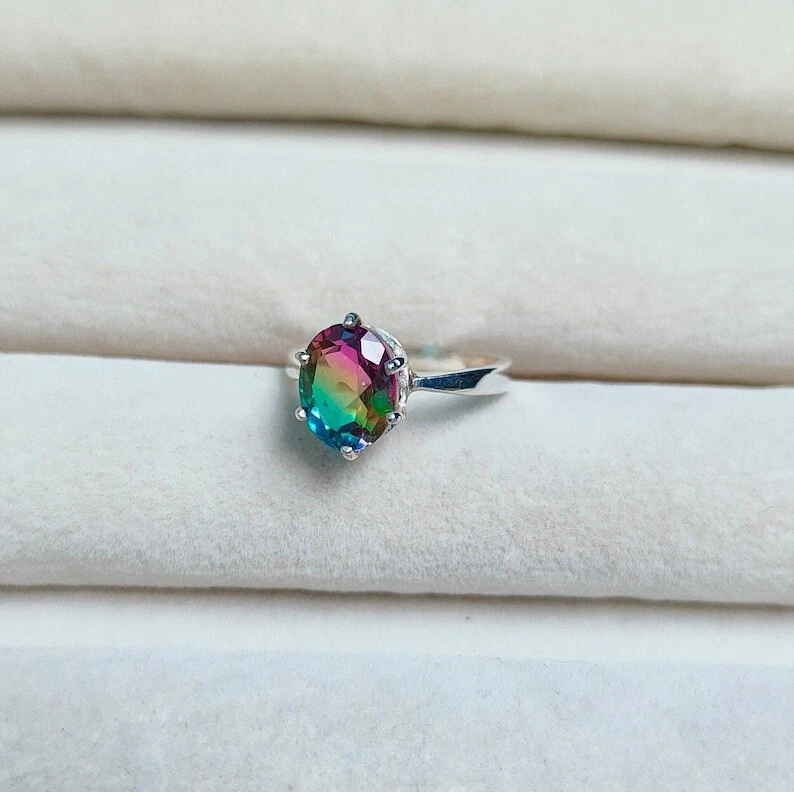 Anillo de Turmalina Sandía, Anillo de Plata de Ley 925 Turmalina Doble Cuarzo Foto 2 de 4