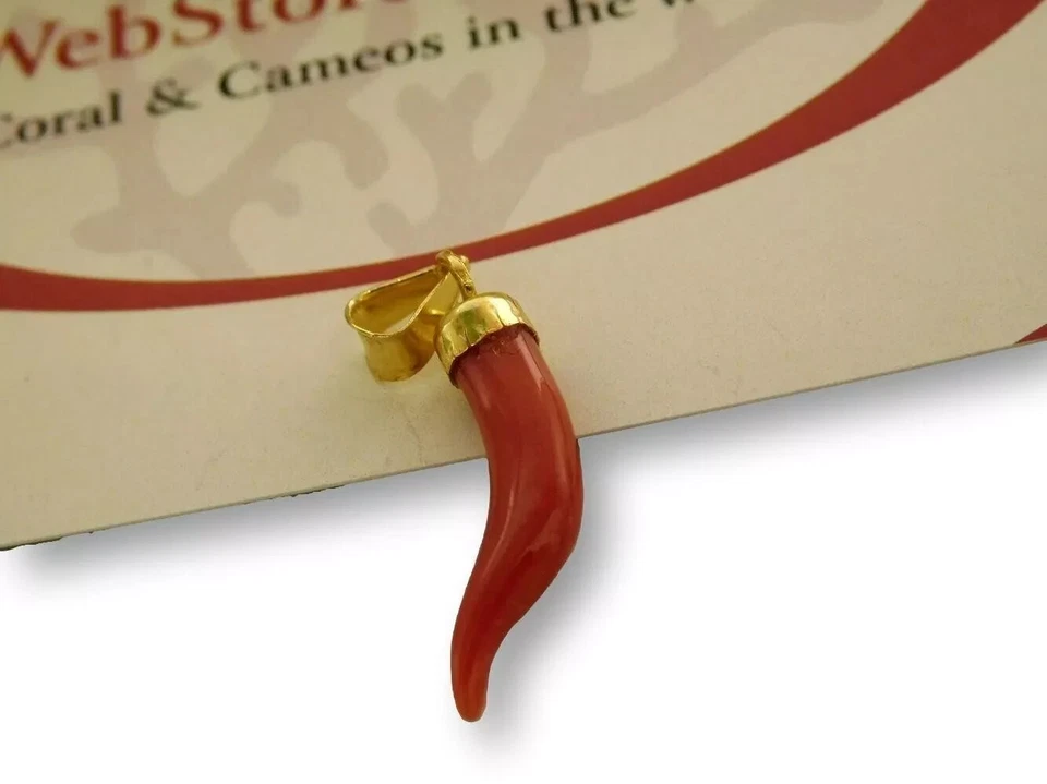 Corno napoletano di Corallo Ciondolo con argento 925 PL in Oro da 750 Pendente - Immagine 3 di 3